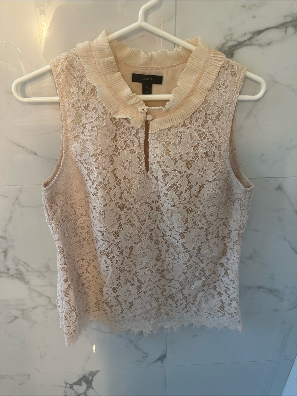J. Crew Cream Lace Sleeveless Shell with Pleated Ruffle Collar